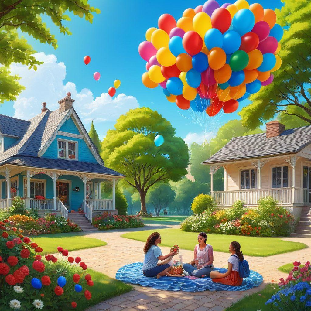 A vibrant neighborhood scene depicting diverse friends sharing a joyful moment in a lush park, surrounded by blooming flowers and smiling faces. Capture the warmth of community with a picnic setup, colorful balloons, and smiles all around. Incorporate elements that symbolize passion and affection, such as heart-shaped decorations or intertwined hands. The background features charming houses and a bright blue sky. colorful illustration. vibrant colors. friendly atmosphere.