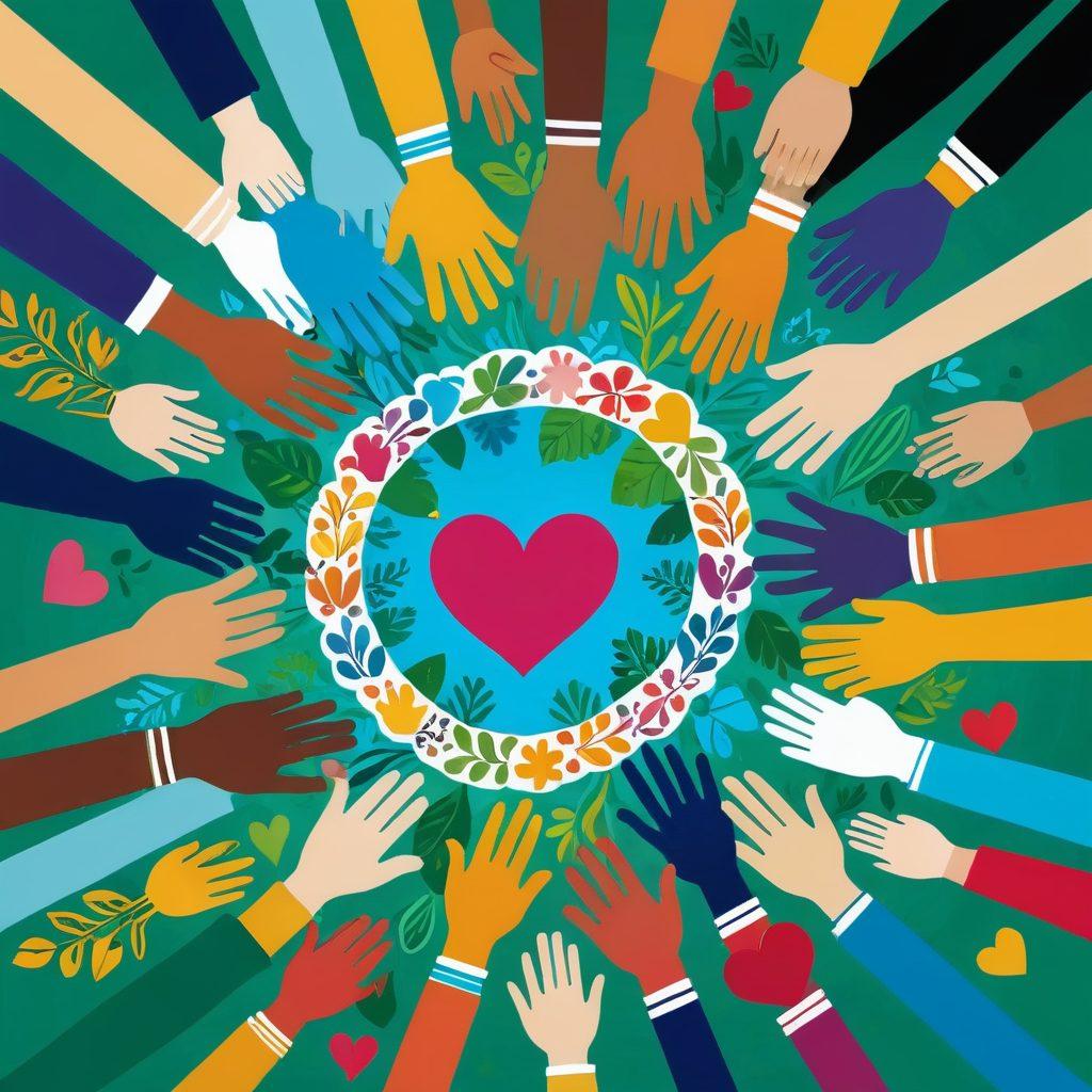 A diverse group of people holding hands in a circle, surrounded by colorful hearts and symbols of support, such as helping hands and smiling faces. Various community activities like planting trees and sharing food are depicted in the background. The composition radiates warmth and positivity, conveying a sense of togetherness and compassion. bright colors. expressive style. uplifting atmosphere.