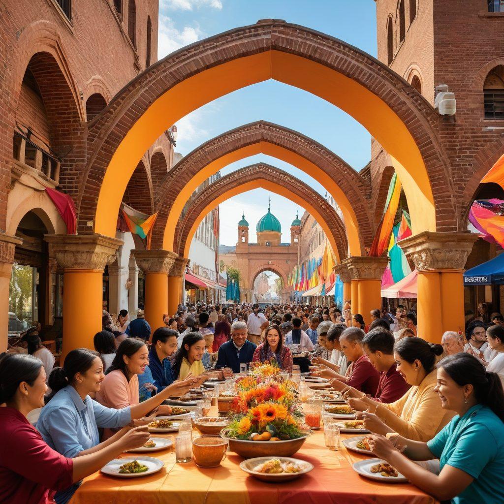 A vibrant community scene showcasing people from diverse backgrounds engaging in activities such as sharing food, working together on art, and celebrating local cultures, all under a colorful banner that reads 'Unity in Diversity'. The atmosphere is warm and inviting, with smiling faces and hands joined together symbolizing compassion and affection. A backdrop of local landmarks adds a personal touch. super-realistic. vibrant colors. warm lighting.